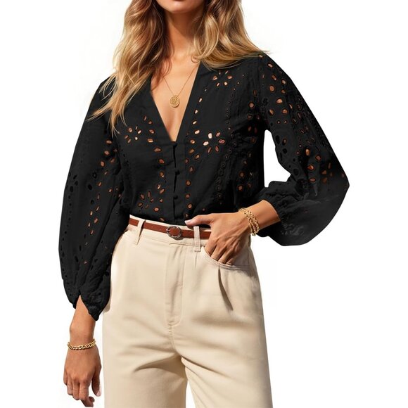 Tops - Womens Cotton Deep V Neck Eyelet Blouse 3/4 Balloon Sleeve Casual Elegant